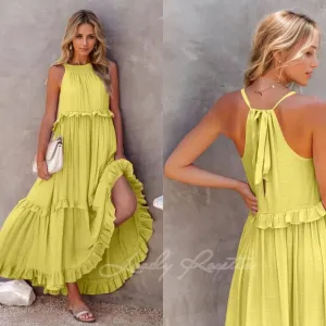Chartreuse Ruffled Sleeveless Tiered Maxi Dress with Pockets