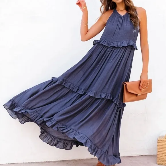 Chartreuse Ruffled Sleeveless Tiered Maxi Dress with Pockets