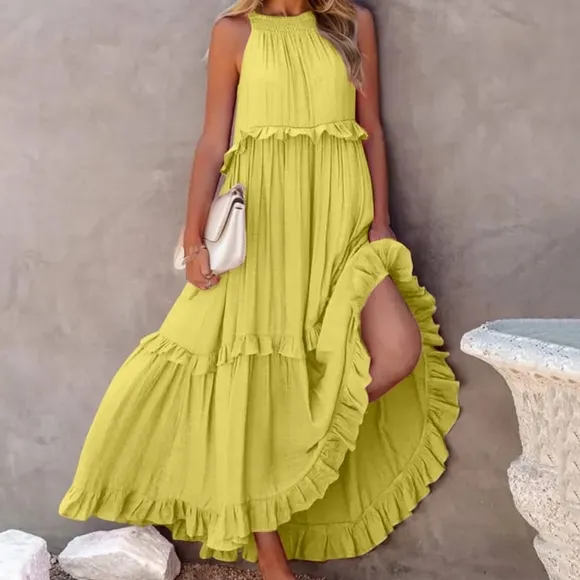 Chartreuse Ruffled Sleeveless Tiered Maxi Dress with Pockets