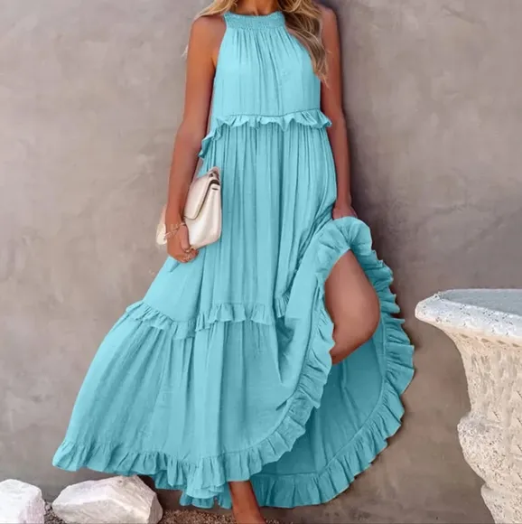 Chartreuse Ruffled Sleeveless Tiered Maxi Dress with Pockets