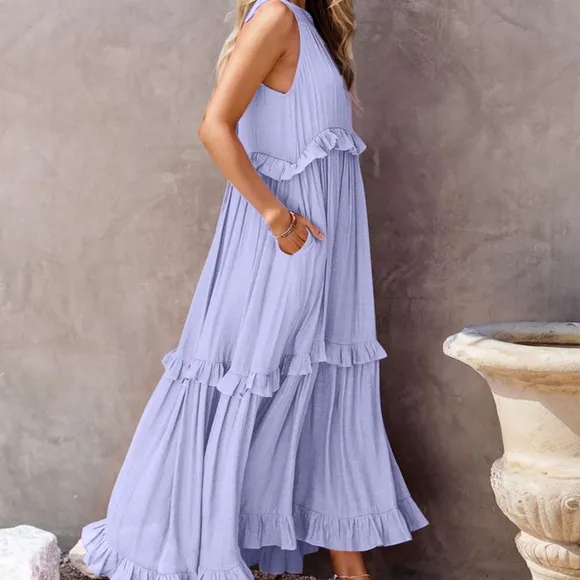 Chartreuse Ruffled Sleeveless Tiered Maxi Dress with Pockets