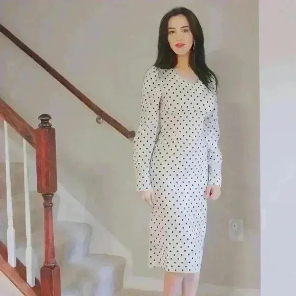 Cherie Polka Dot Parisienne Long Sleeve Midi Dress