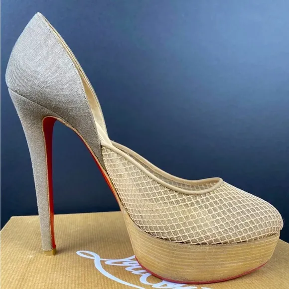 Christian Louboutin Aragna Nude Fishnet Heels Sz 38/7.5 with Sole Guard and Box