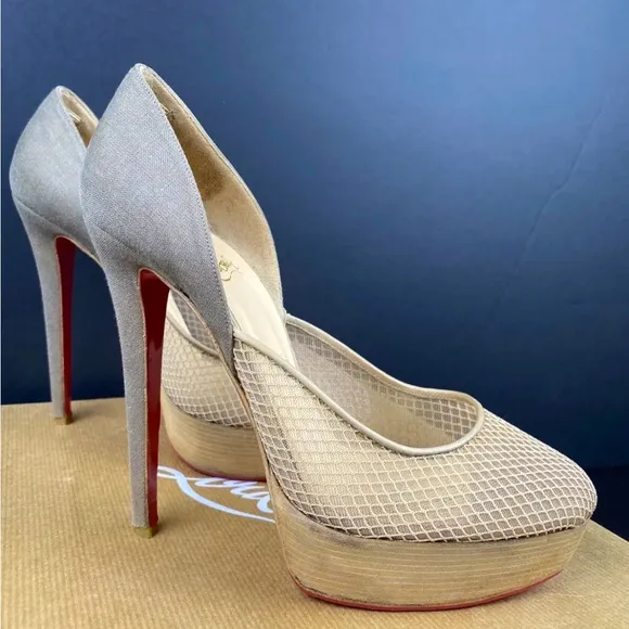 Christian Louboutin Aragna Nude Fishnet Heels Sz 38/7.5 with Sole Guard and Box
