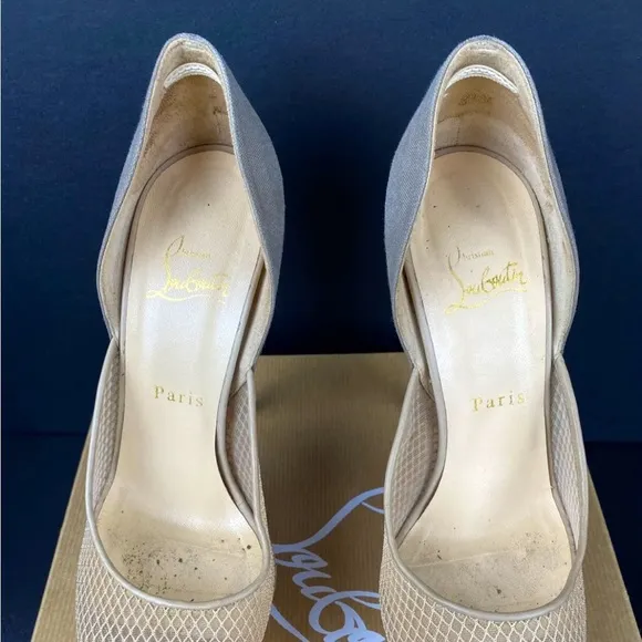 Christian Louboutin Aragna Nude Fishnet Heels Sz 38/7.5 with Sole Guard and Box
