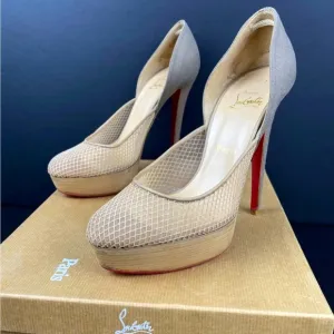 Christian Louboutin Aragna Nude Fishnet Heels Sz 38/7.5 with Sole Guard and Box