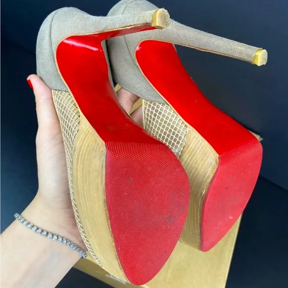 Christian Louboutin Aragna Nude Fishnet Heels Sz 38/7.5 with Sole Guard and Box