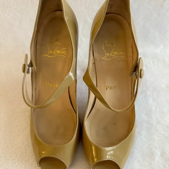 Christian Louboutin Tan Peep-Toe Mary Jane Heels