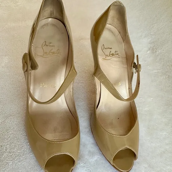 Christian Louboutin Tan Peep-Toe Mary Jane Heels