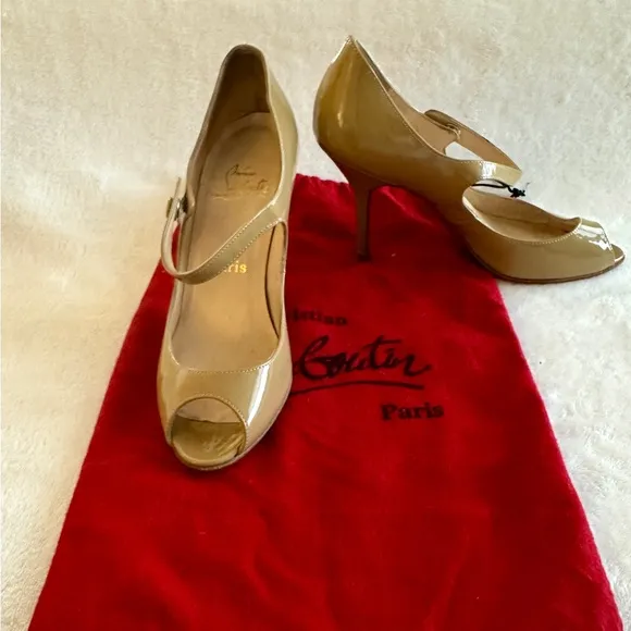 Christian Louboutin Tan Peep-Toe Mary Jane Heels