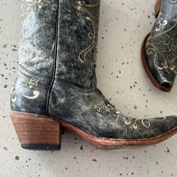Circle G Western Cowgirl Black/Green Leather Boots Embroidery Pull On Size 8.5
