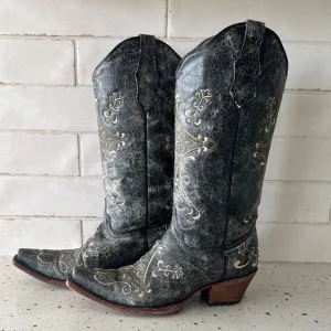 Circle G Western Cowgirl Black/Green Leather Boots Embroidery Pull On Size 8.5