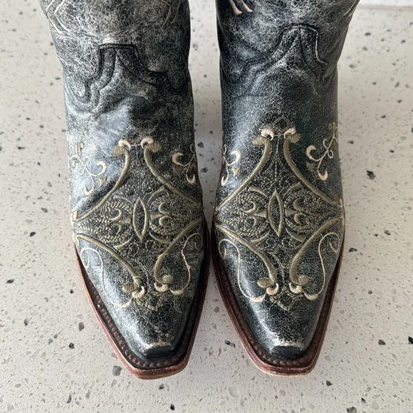 Circle G Western Cowgirl Black/Green Leather Boots Embroidery Pull On Size 8.5