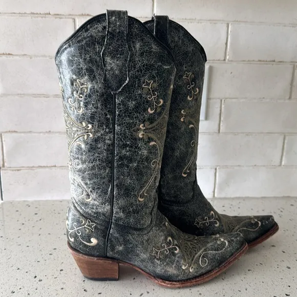 Circle G Western Cowgirl Black/Green Leather Boots Embroidery Pull On Size 8.5