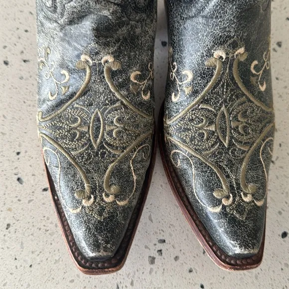 Circle G Western Cowgirl Black/Green Leather Boots Embroidery Pull On Size 8.5