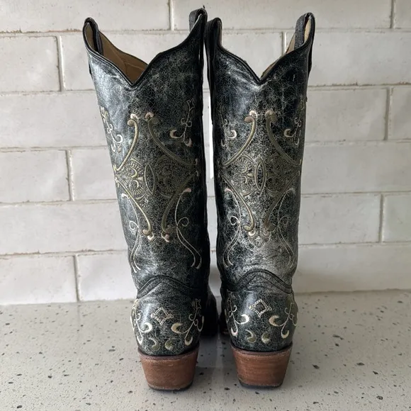 Circle G Western Cowgirl Black/Green Leather Boots Embroidery Pull On Size 8.5