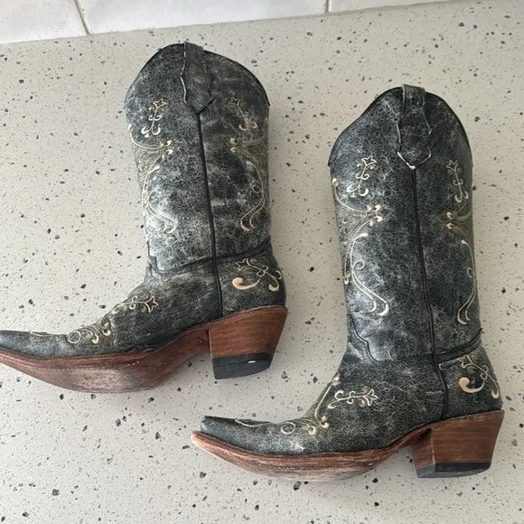 Circle G Western Cowgirl Black/Green Leather Boots Embroidery Pull On Size 8.5