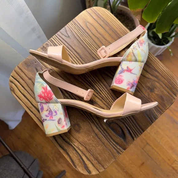CL by Laundry Block Heel Sandals Floral Ankle Strap Heels Pink Wedding Brunch7.5