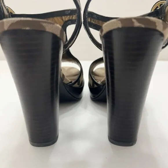 Coach Lydia Signature &quot;C&quot; Logo Jacquard T-Strap Heels Tan Brown Size 7B