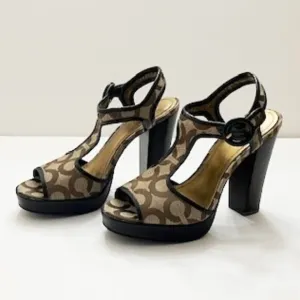 Coach Lydia Signature &quot;C&quot; Logo Jacquard T-Strap Heels Tan Brown Size 7B