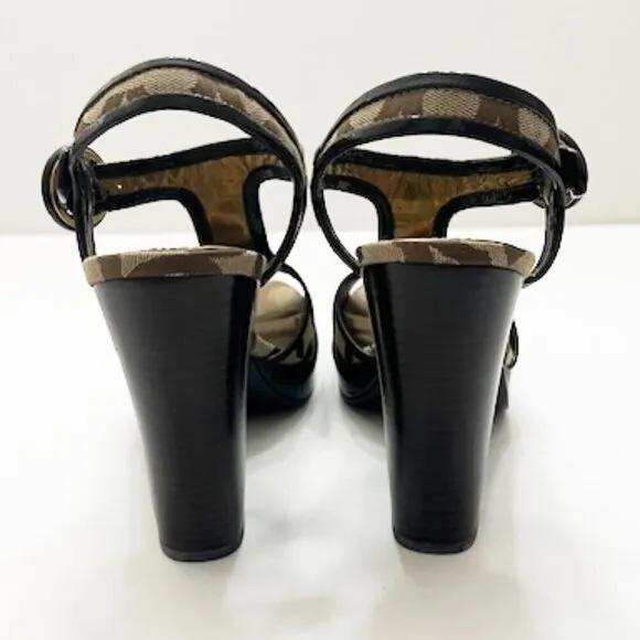 Coach Lydia Signature &quot;C&quot; Logo Jacquard T-Strap Heels Tan Brown Size 7B