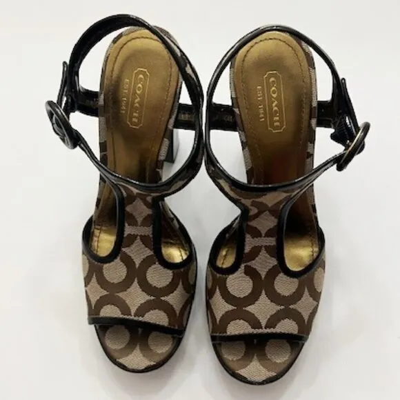 Coach Lydia Signature &quot;C&quot; Logo Jacquard T-Strap Heels Tan Brown Size 7B