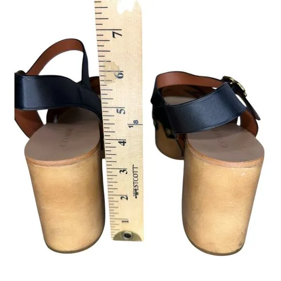 Coach Nessa Clog Sandal Block Heels Black Leather Clogs Shoes w/ Gold Size 9.5