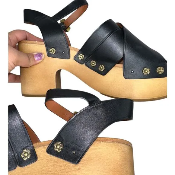 Coach Nessa Clog Sandal Block Heels Black Leather Clogs Shoes w/ Gold Size 9.5