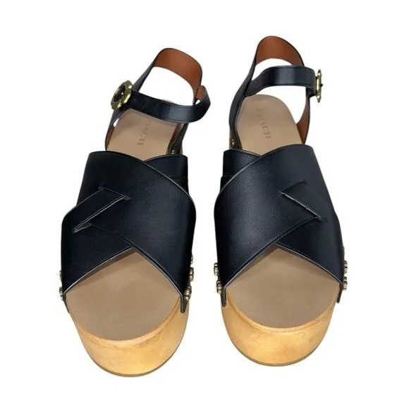 Coach Nessa Clog Sandal Block Heels Black Leather Clogs Shoes w/ Gold Size 9.5