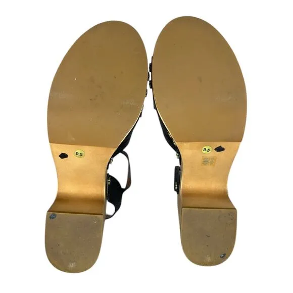 Coach Nessa Clog Sandal Block Heels Black Leather Clogs Shoes w/ Gold Size 9.5