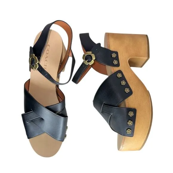 Coach Nessa Clog Sandal Block Heels Black Leather Clogs Shoes w/ Gold Size 9.5