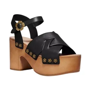 Coach Nessa Clog Sandal Block Heels Black Leather Clogs Shoes w/ Gold Size 9.5