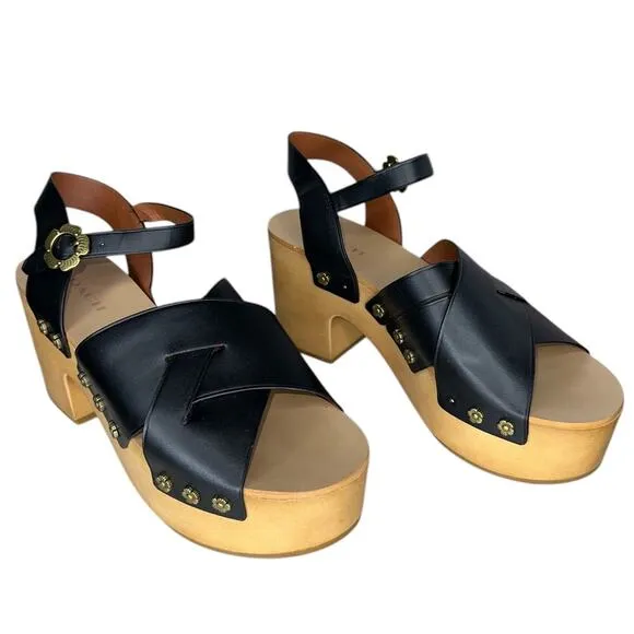 Coach Nessa Clog Sandal Block Heels Black Leather Clogs Shoes w/ Gold Size 9.5