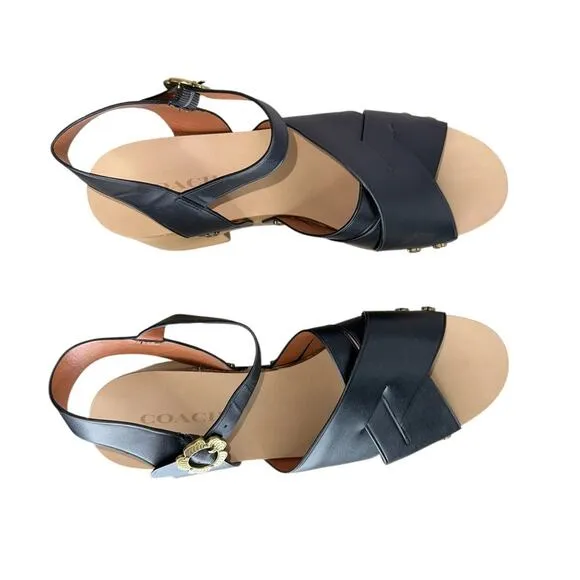 Coach Nessa Clog Sandal Block Heels Black Leather Clogs Shoes w/ Gold Size 9.5