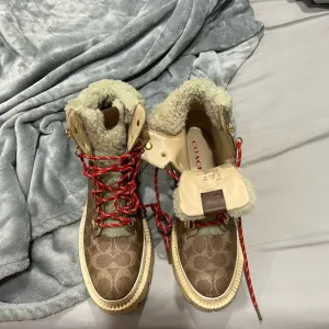 Coach Signature Brown and Cream Boots with Red Laces