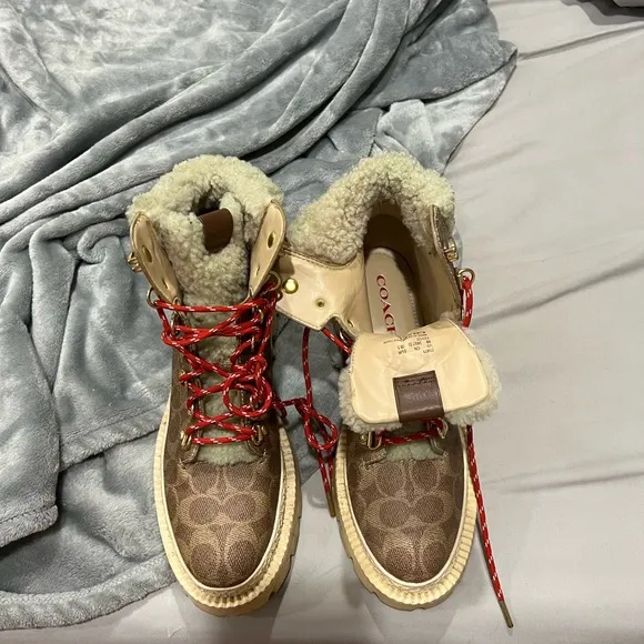 Coach Signature Brown and Cream Boots with Red Laces