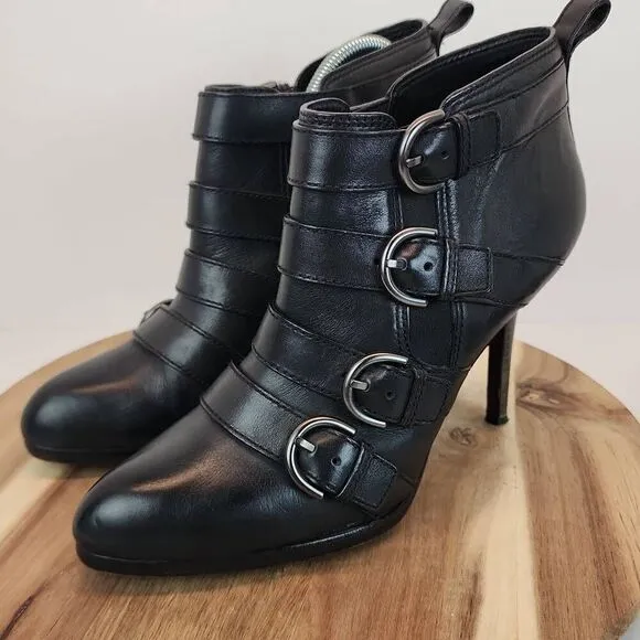 Coach Tessie Womens Black Buckle Biker Leather Ankle Boots Heels Size 10 B