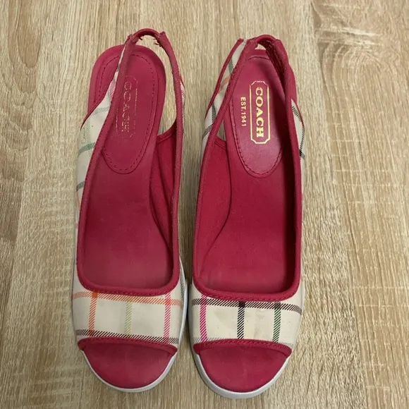 Coach Wedge Slingback Sandal 3.5&quot; Heels, Vintage Plaid, 7.5