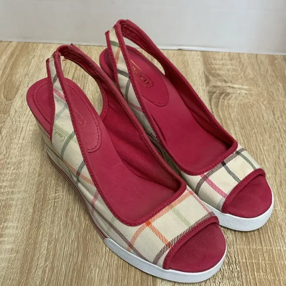 Coach Wedge Slingback Sandal 3.5&quot; Heels, Vintage Plaid, 7.5