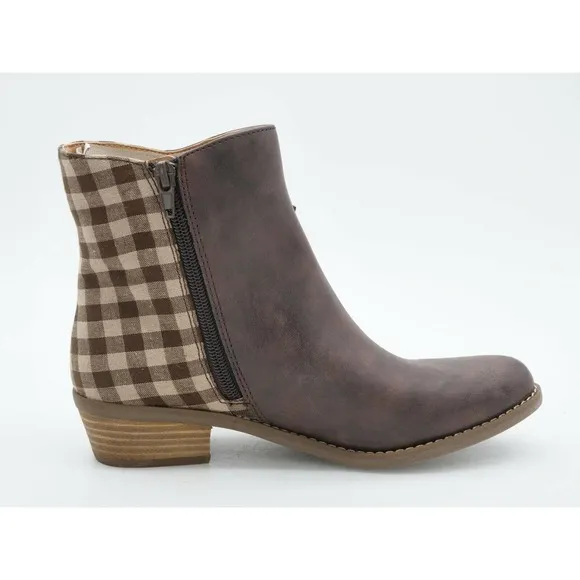 Code West Ankle Boots Womens 7 Brown Faux Leather Western Low Key Plaid Fringe