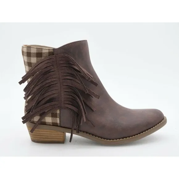 Code West Ankle Boots Womens 7 Brown Faux Leather Western Low Key Plaid Fringe