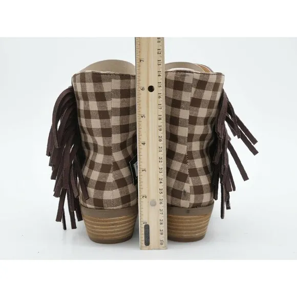 Code West Ankle Boots Womens 7 Brown Faux Leather Western Low Key Plaid Fringe