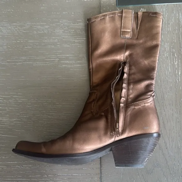 Coldwater Creek Brown Bronze Leather Mid Calf Boots Western Cowgirl Size 7.5 GUC