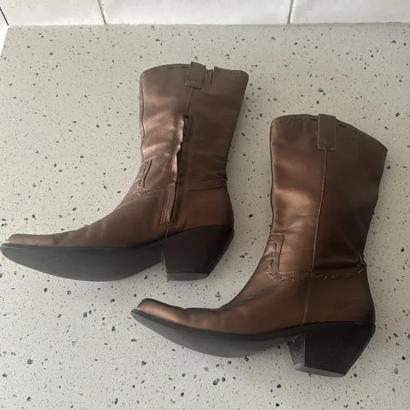 Coldwater Creek Brown Bronze Leather Mid Calf Boots Western Cowgirl Size 7.5 GUC