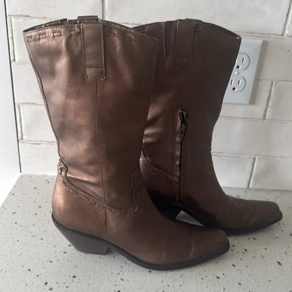 Coldwater Creek Brown Bronze Leather Mid Calf Boots Western Cowgirl Size 7.5 GUC