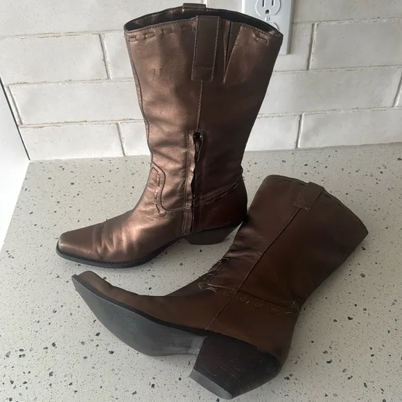 Coldwater Creek Brown Bronze Leather Mid Calf Boots Western Cowgirl Size 7.5 GUC