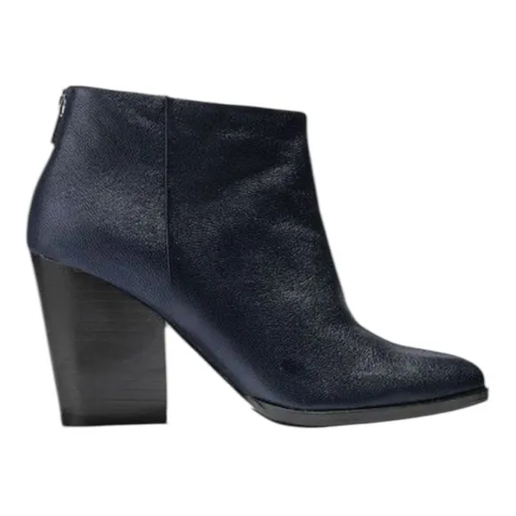 COLE HAAN DEY BLAZER BLUE LEATHER ALMOND TOE STACKED HEEL ANKLE BOOTS BOOTIES