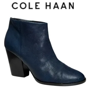 COLE HAAN DEY BLAZER BLUE LEATHER ALMOND TOE STACKED HEEL ANKLE BOOTS BOOTIES