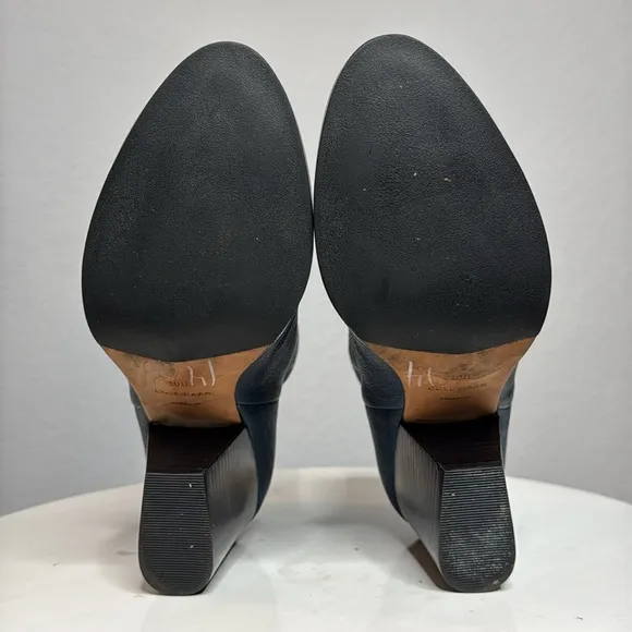 COLE HAAN DEY BLAZER BLUE LEATHER ALMOND TOE STACKED HEEL ANKLE BOOTS BOOTIES