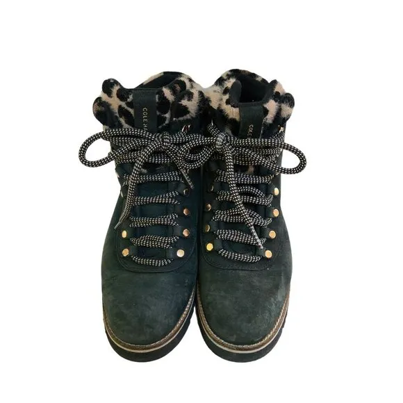 Cole Haan Grand Explore Charcoal Suede Leopard Faux Fur Lining Boots Size 9.5B